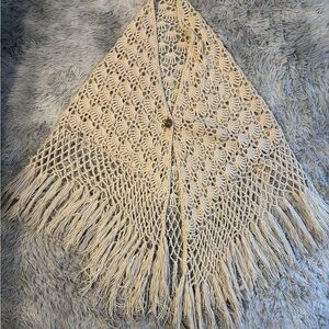 Cream Crochet Fringe Shawl
